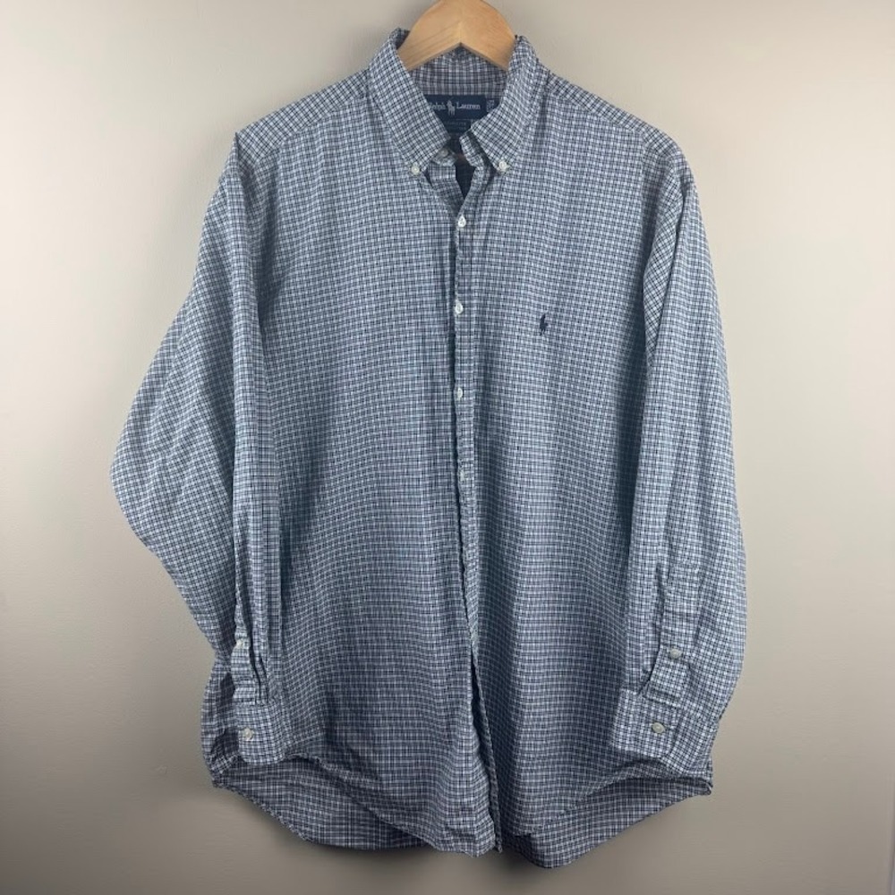 Ralph Lauren Yarmouth Mens 17-34 Navy White Micro Check Cotton Button Down Shirt